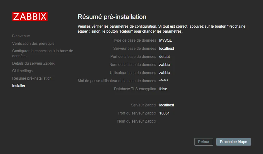 Zabbix écran de configuration