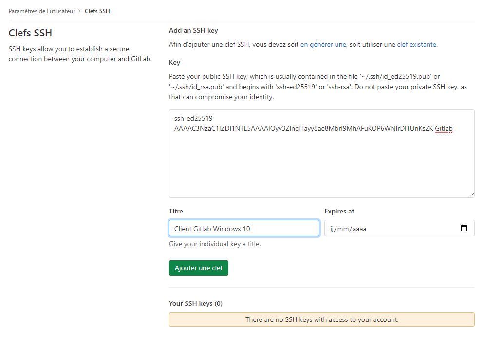 import d'une clé publique SSH
