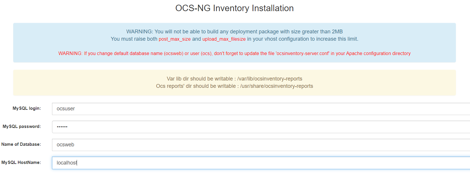 Ecran de configuration