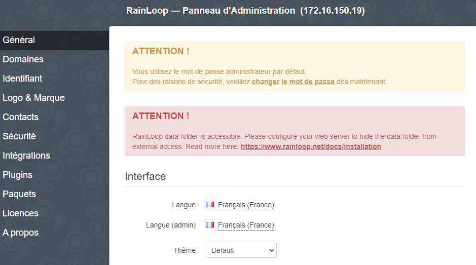 Rainloop page d'accueil