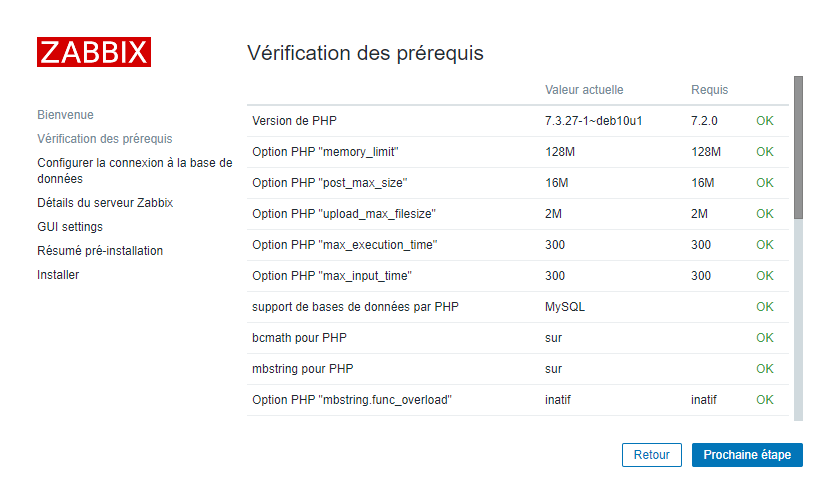 Zabbix écran de configuration
