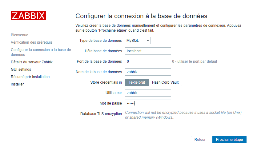 Zabbix écran de configuration