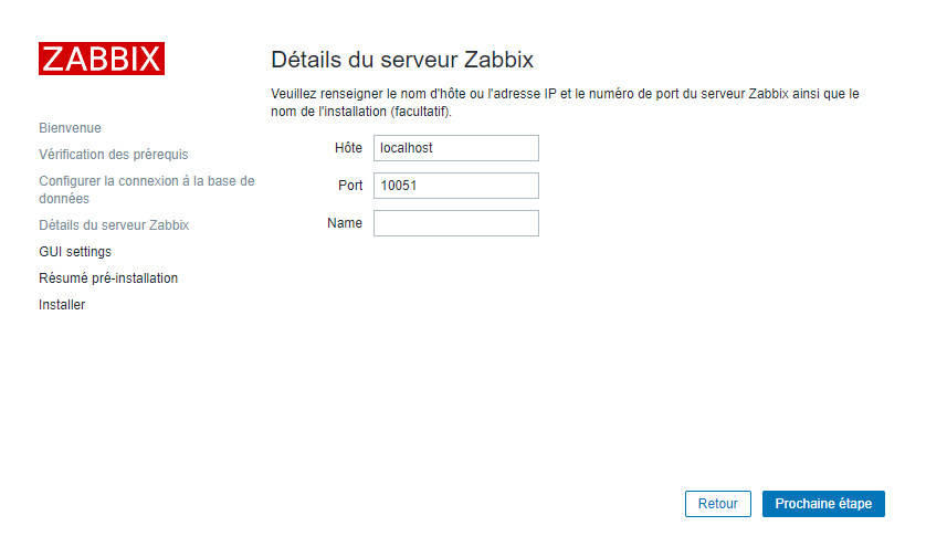 Zabbix écran de configuration