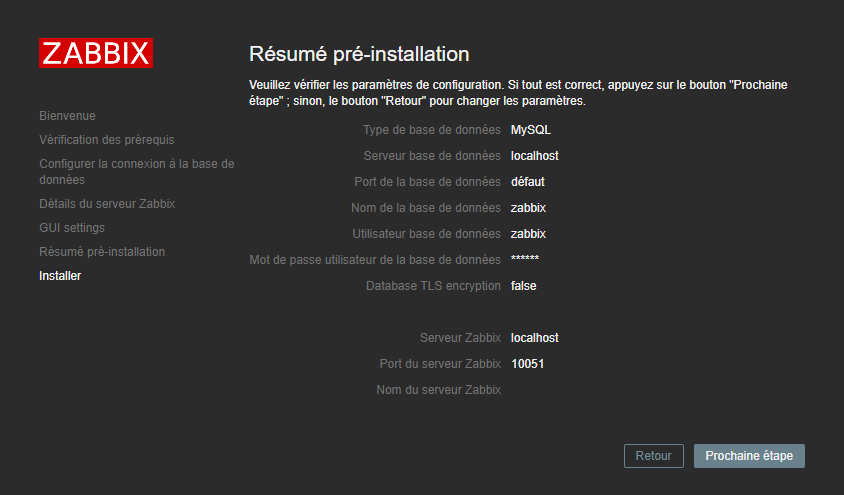 Zabbix écran de configuration