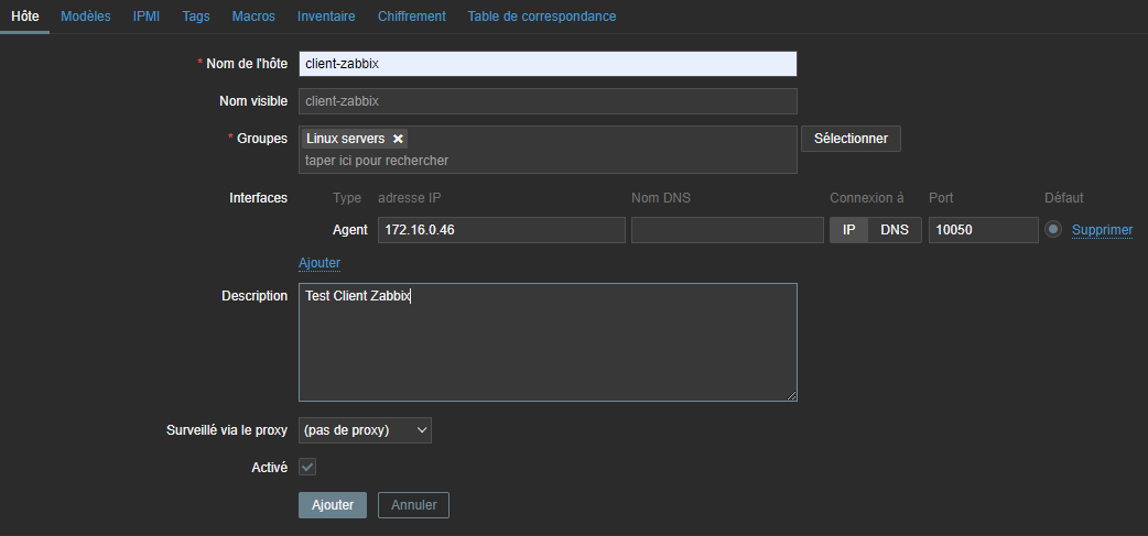 Zabbix écran de configuration